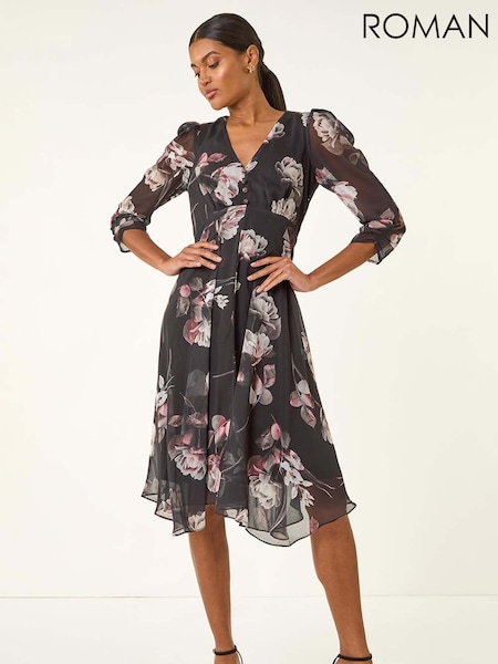 Roman Black Floral Print Hanky Hem Dress (Y18686) | 421 QAR