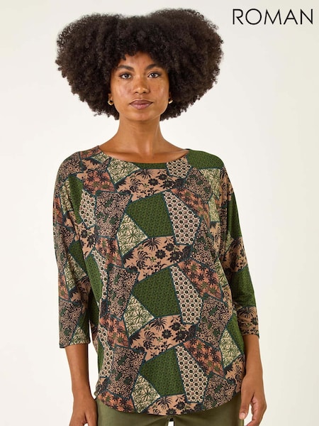 Roman Green Floral Patchwork Stretch T-Shirt (Y18687) | €53