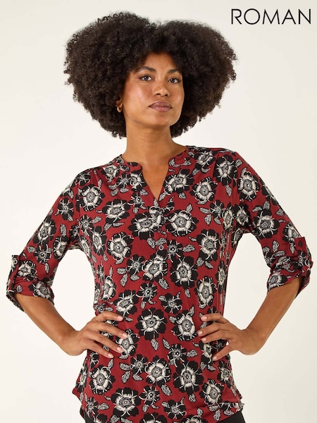 Roman Brown Floral Puff Print Stretch Blouse (Y18689) | €56