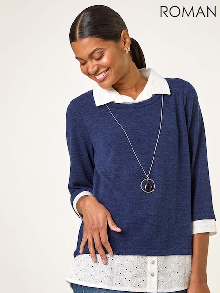 Roman Blue Mock Broderie Shirt Contrast Blouse (Y18692) | €56
