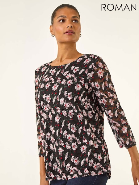 Roman Black Floral Print Stretch Tunic Top (Y18703) | €53