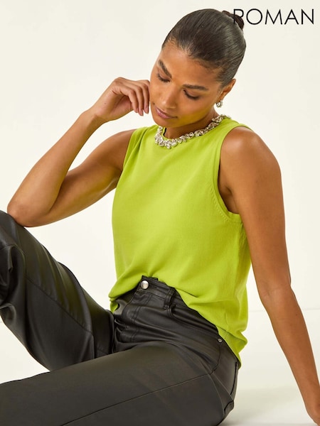 Roman Green Embellished Neck Knit Vest (Y18707) | R$ 510