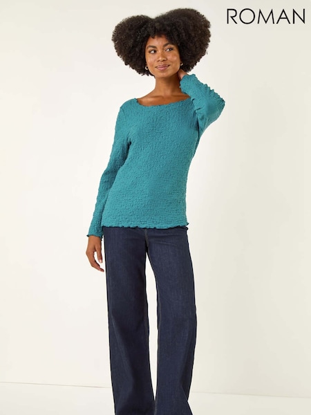 Roman Blue Textured Bubble Crepe Lettuce Edge T-Shirt (Y18714) | €42