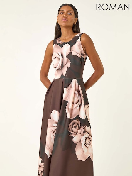 Roman Brown Floral Print Premium Stretch Midi Dress (Y18725) | €90