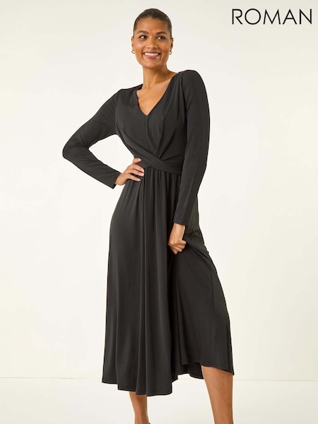 Roman Black Twist Front Stretch Midi Dress (Y18727) | €66