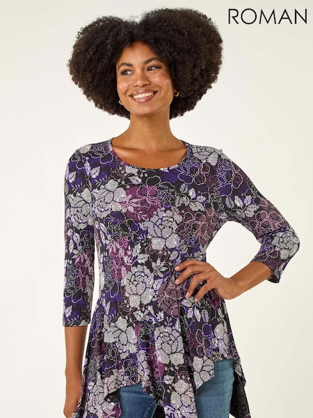 Roman Purple Floral Puff Print Hanky Hem Tunic Top (Y18729) | €48