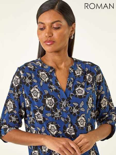 Roman Blue Floral Puff Print Stretch Blouse (Y18735) | €56