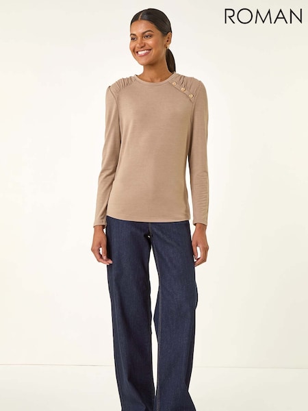 Natural - Roman Ruched Button Stretch Jumper (Y18738) | R$ 385