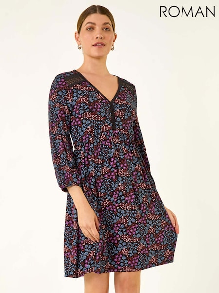 Roman Purple Print Trim Detail Stretch Dress (Y18740) | €64