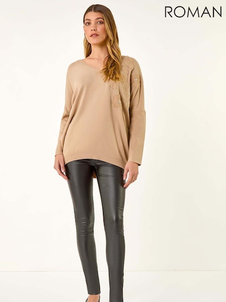 Roman Natural Floral Sequin V-Neck Knit Jumper (Y18742) | €56