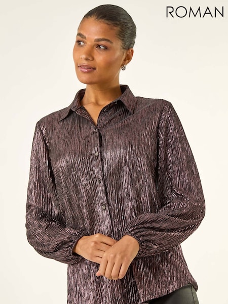 Roman Pink Foil Plisse Button Through Blouse (Y18755) | €64