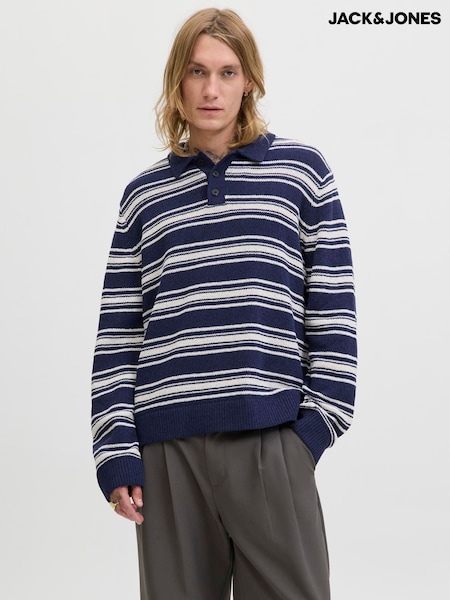 JACK & JONES Blue Knitted Long Sleeve Polo Top (Y18858) | €50
