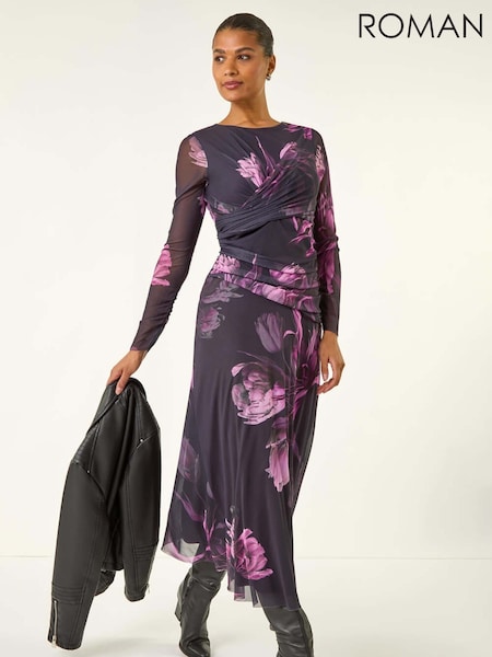 Roman Purple Floral Mesh Stretch Maxi Dress (Y18919) | 421 QAR