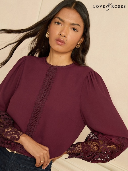 Love & Roses Burgundy Red Long Sleeve Lace Cuff Blouse (Y19006) | €53