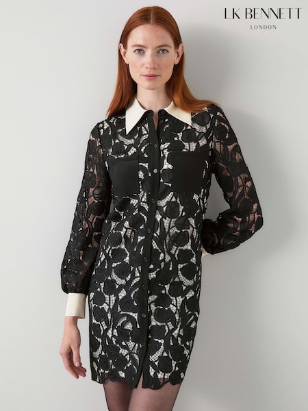 LK Bennett Black Yvette Birch Floral Embroidery Short Shirtdress (Y19037) | €510
