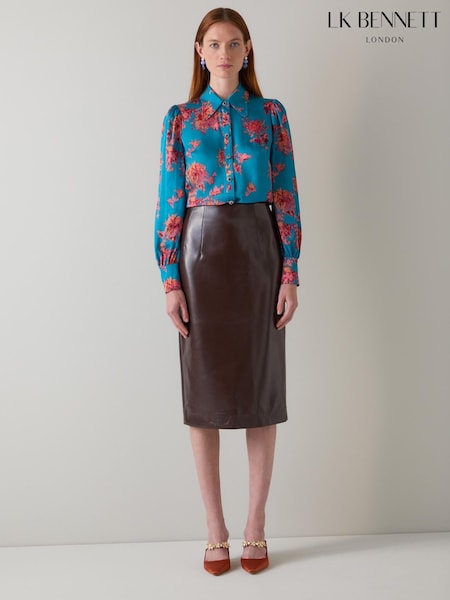 LK Bennett Blue Lkb In House Ikat Floral Viscose Silk Blouse With Jewel Buttons (Y19056) | €318