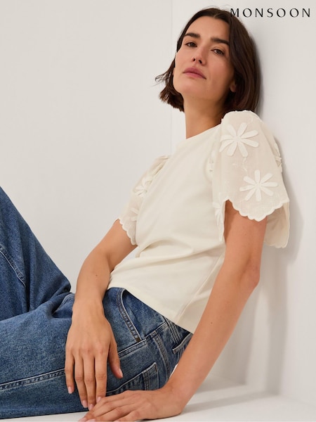 Monsoon Cream Mel Appliqué Sleeve T-Shirt (Y19188) | €52