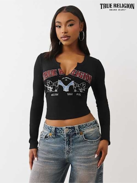 True Religion Black Buddha V Notch Ribbed Long Sleeve T-Shirt (Y19226) | €58