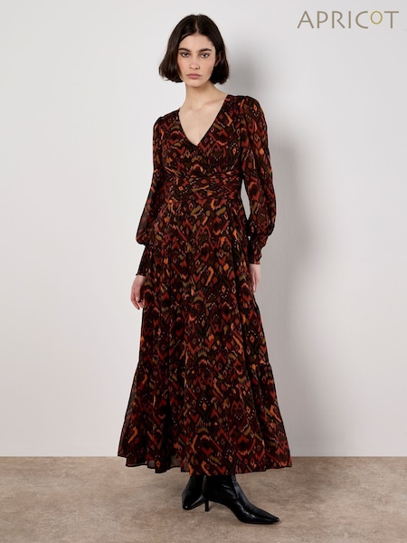 Apricot Red Textured Ikat Tiered Maxi Dress (Y19302) | €69