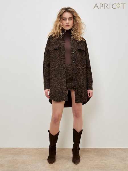 Apricot Brown Leopard Denim Shacket Dress (Y19319) | €69