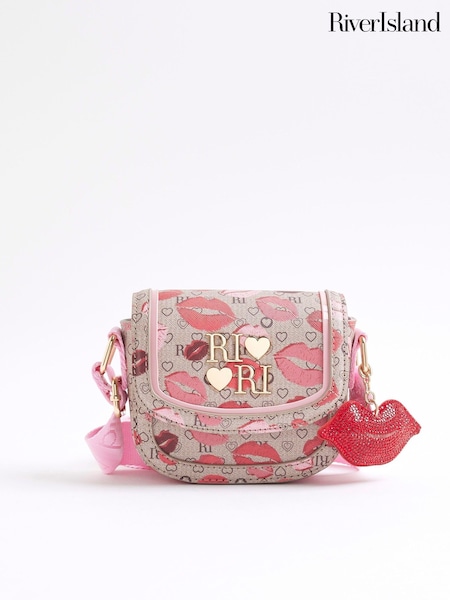 River Island Brown Lips Monogram Cross-Body Bag (Y19386) | AED128
