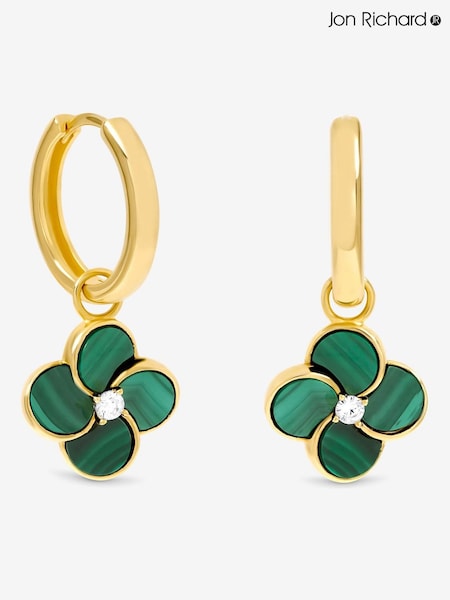 Jon Richard Gold Plated and Malachite Four Leaf Clover Huggie Earrings (Y19535) | €37