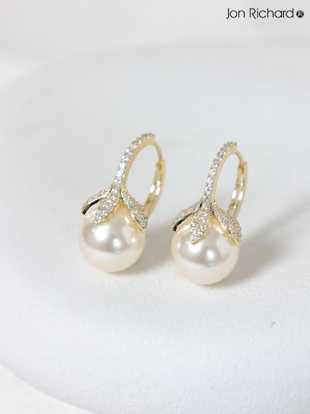 Jon Richard Gold Plated Crystal Leaf and Pearl Earrings (Y19537) | €25