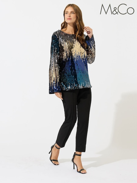 M&Co Blue Ombre Large Sequin Bow Back Top (Y19649) | €66
