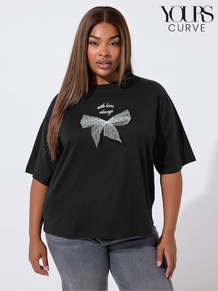 Yours Curve Black Limited Organza Bow T-Shirt (Y19656) | R$ 195