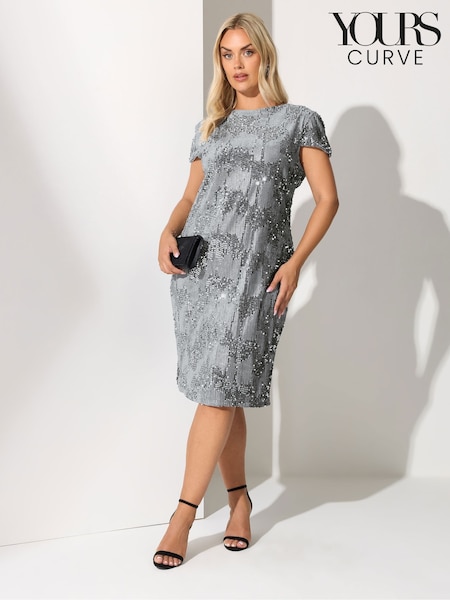 Cinza - Yours Curve London Sequin Velvet Cap Shift Dress (Y19660) | R$ 590