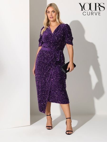 Yours Curve Purple London Sequin Velvet Puff Sleeve Wrap Dress (Y19663) | €89