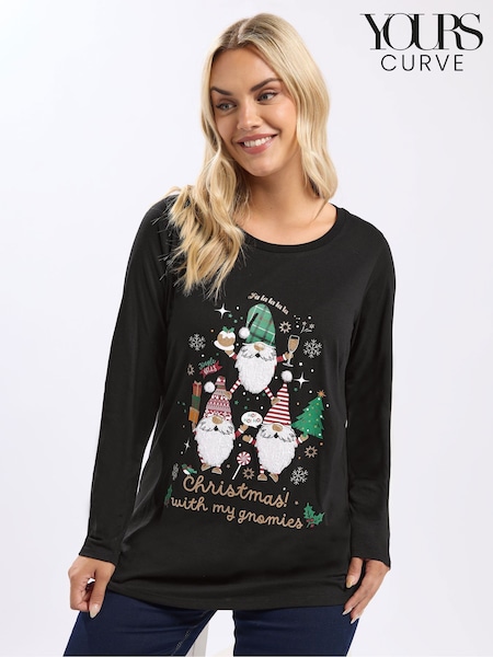 Yours Curve Black Long Sleeve Novelty T-Shirt (Y19674) | AED128