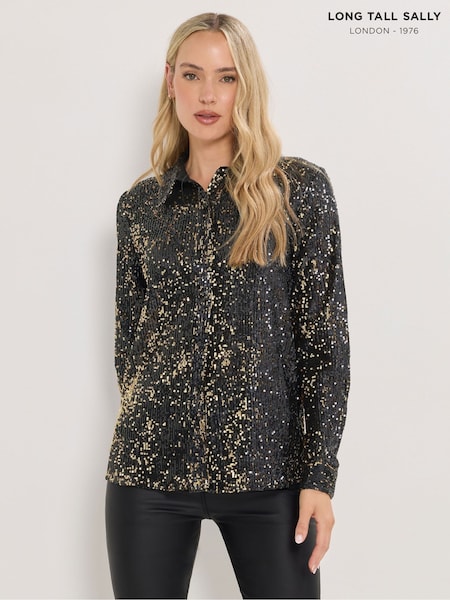 Long Tall Sally Black Gold Sequin Shirt (Y19676) | AED227