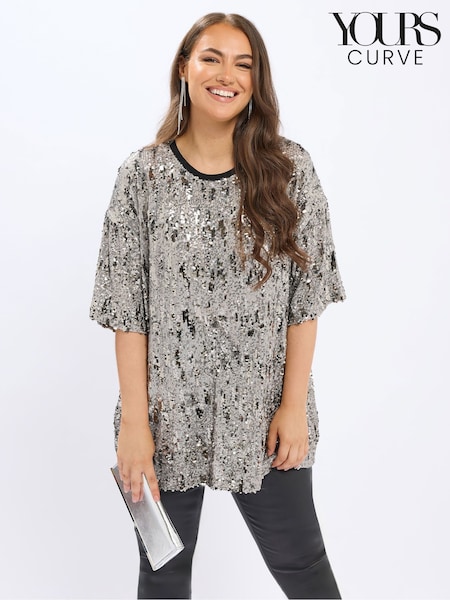 Yours Curve Silver Sequin Party T-Shirt (Y19687) | AED227