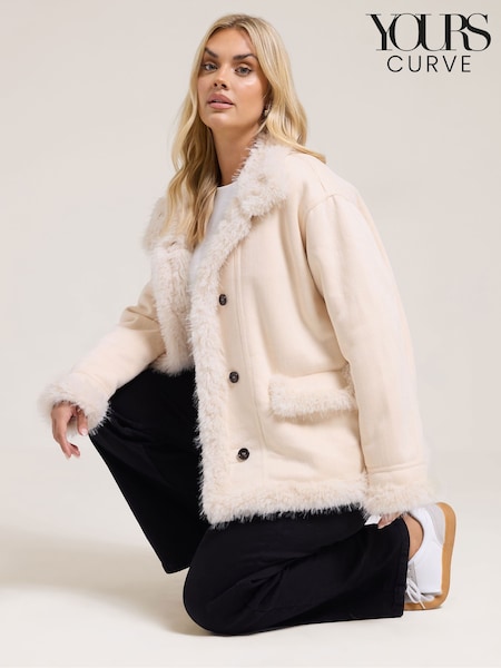Yours Curve White Shaggy Fur Boho Coat (Y19691) | €119