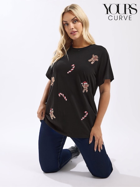 Yours Curve Black Short Sleeve Sequin Novelty T-Shirt (Y19697) | AED116