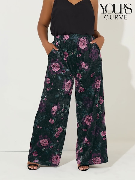Črna cvetlična - Yours Curve Velour Wide Leg Party Trousers (Y19699) | € 38
