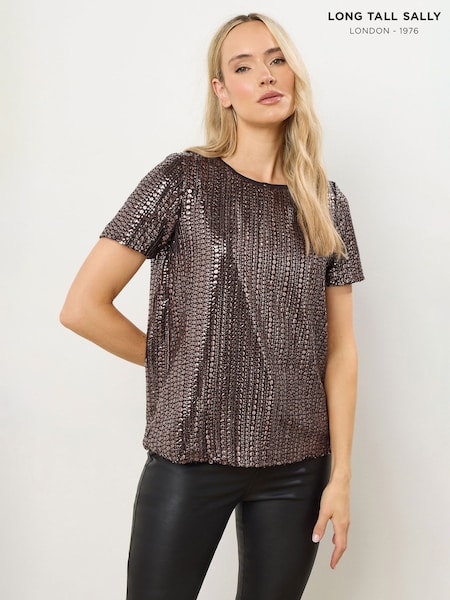 Long Tall Sally Brown Short Sleeve Sequin Top (Y19700) | AED210