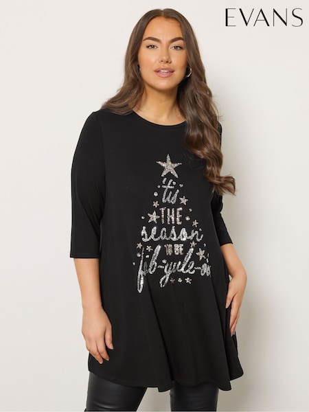 Evans Long Sleeve Christmas Tree Black T-Shirt (Y19756) | AED210