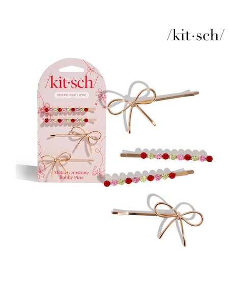 Kitsch Metal Gemstone and Bow Bobby Pins 4 Piece Set (Y20430) | €10.50