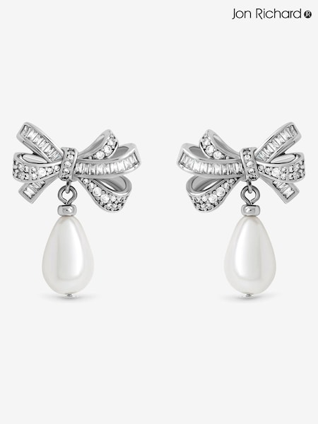 Jon Richard Silver Rhodium Plated Cubic Zirconia Bow and Pearl Earrings (Y20661) | €40