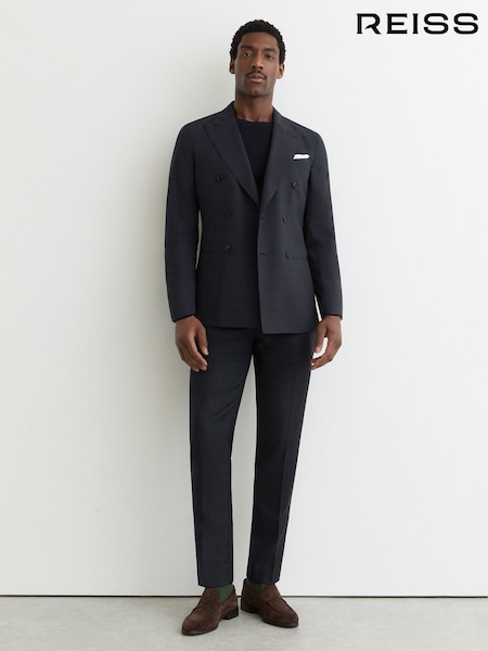 Reiss Navy Venue Wool-Blend Check Suit Trousers Tailored-Fit (Y20896) | AED1,066