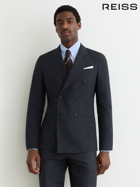 Reiss Navy Venue Double-Breasted Wool-Blend Tailored-Fit Suit Jacket (Y20898) | SGD 821