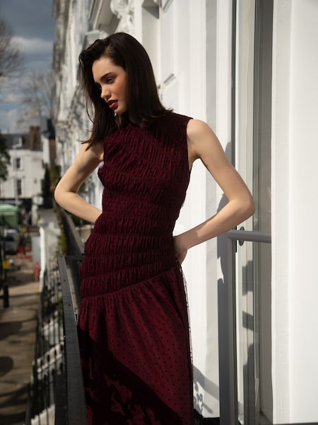 Amy Lynn Red Julia Polka Dot Shirred Mesh Sleeveless Midaxi Dress (Y21043) | €130