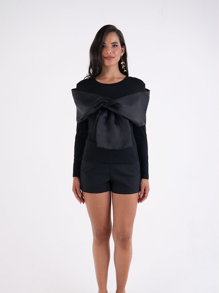Amy Lynn Black Helena Viscose Jersey Top with Organza Bow (Y21047) | €64