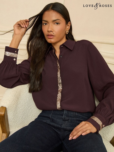 Love & Roses Chocolate Brown Long Sleeve Button Through Sequin Trim Shirt (Y21310) | R$ 395