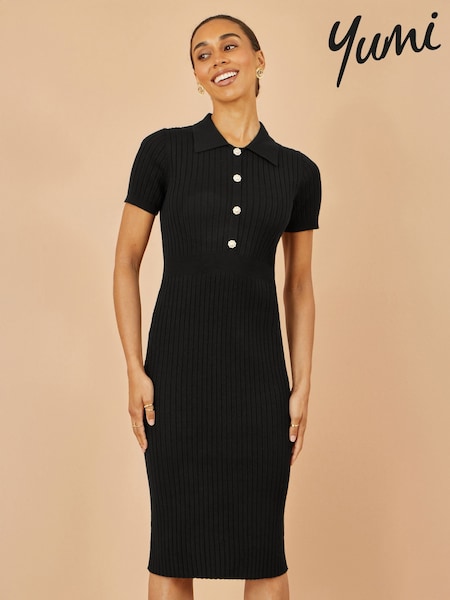 Yumi Black Fitted Rib Knitted Midi Dress With Daisy Buttons (Y21616) | €92