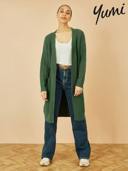 Yumi Green Cable Knit Edge to Edge Long Cardigan With Pockets (Y21620) | €77