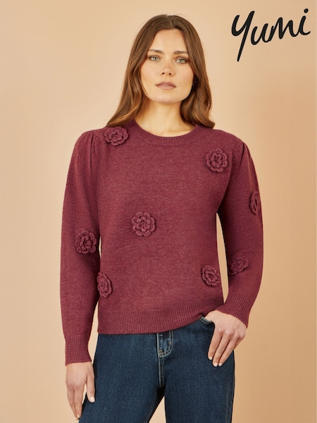 Yumi Red Knitted Jumper With Crochet Flowers (Y21623) | R$ 545