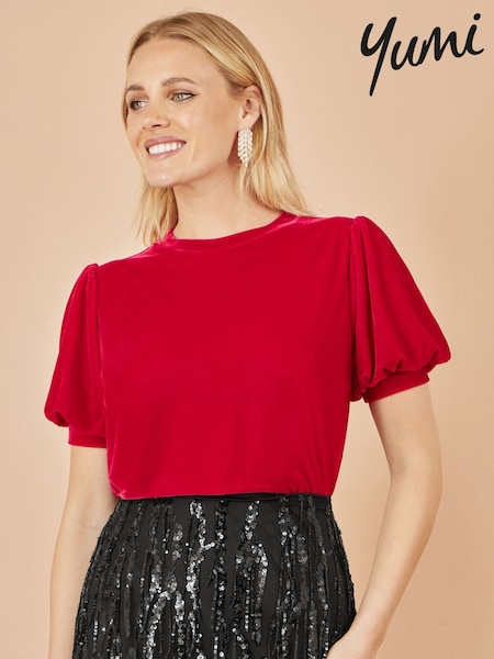 Yumi Red Velvet Puff Sleeve Top (Y21625) | €60